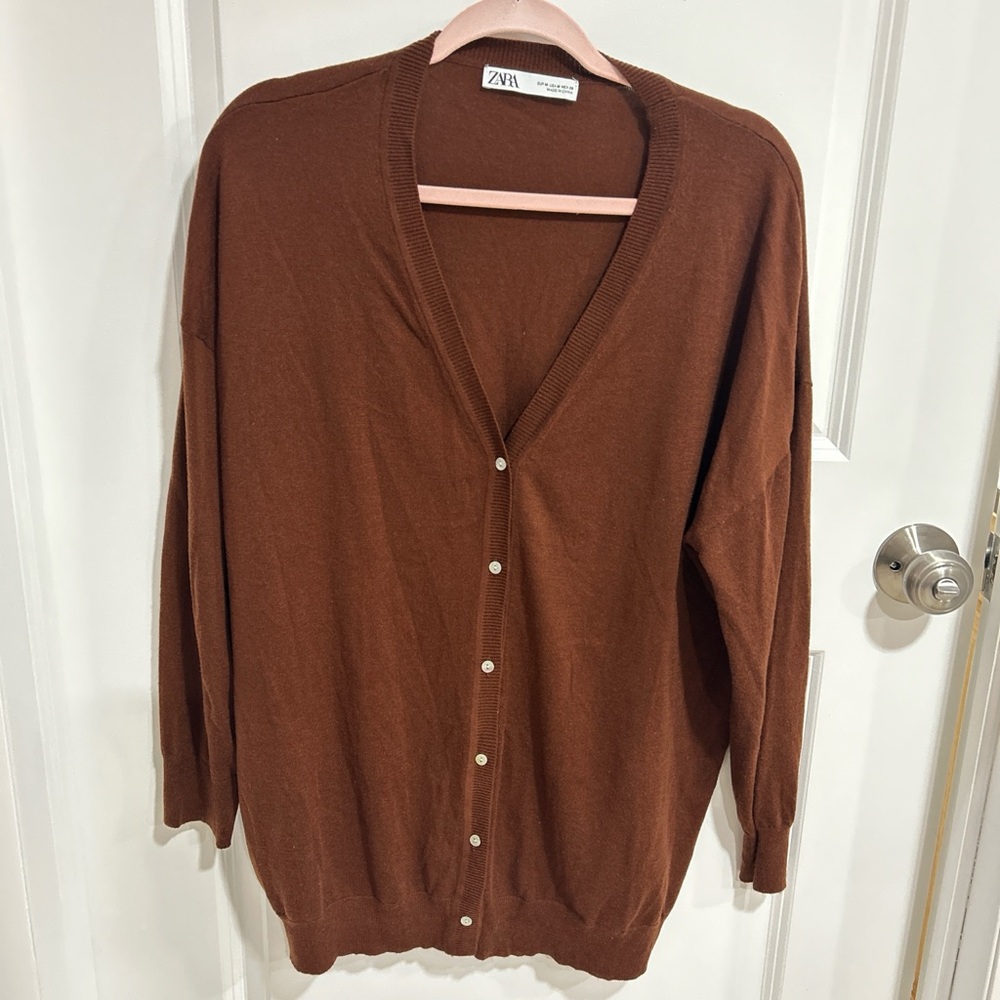 Zara Chestnut Brown Button-Front V-Neck Cardigan